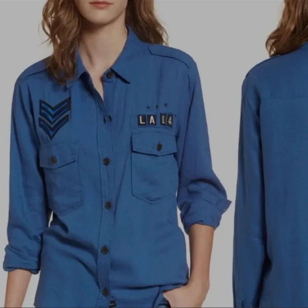 Rails Women's Blue Banks Raw Edge Indigo with Military Patch Button Down Shirt S